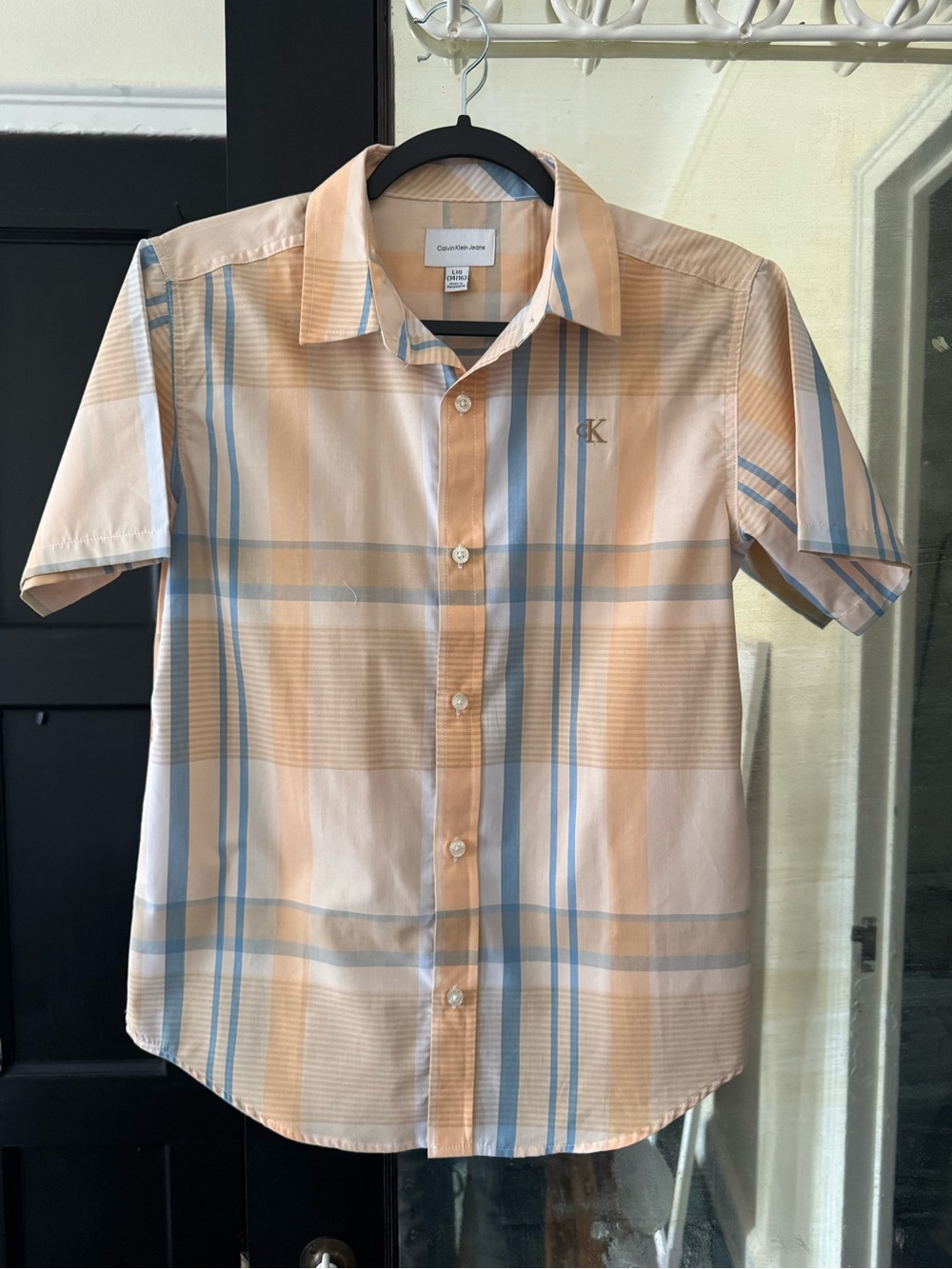 Calvin Klein Short-Sleeve Peach and Light Blue Plaid Button-Down Shirt